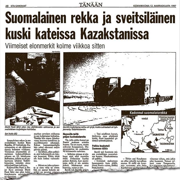 Bantlin katoaminen oli uutinen myös Suomessa. Näin asiasta uutisoi Ilta-Sanomat 12. marraskuuta 1997. (KUVA: IS-arkisto)