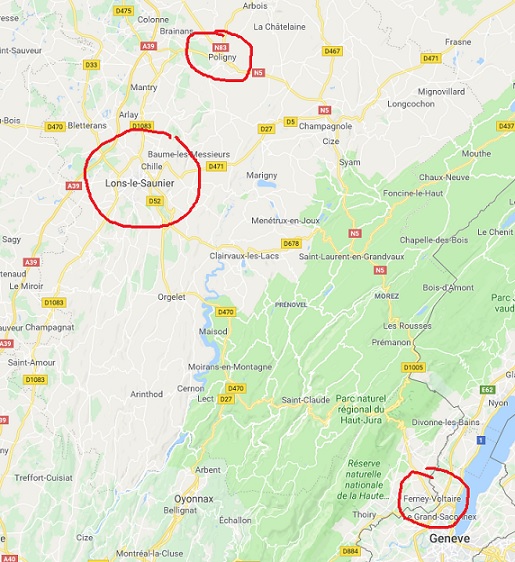 Mainitut kohteet Ranskassa ovat ympyröidyt. Kartta googlemaps.