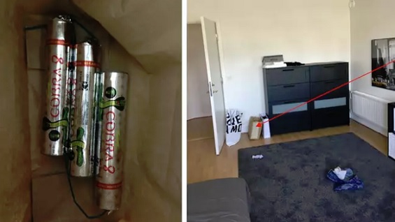 I ett sovrum i stödboendets flottaste lägenhet hittade polisen tre stycken cobra 8. Foto: Polisens förundersökning. Kuva SVT:n artikkelista.