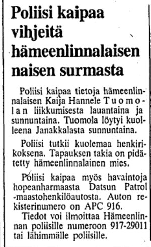 HS 02.02.1988 Kaija Hannele Tuomola Janakkala Sääjärvi.jpg