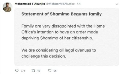 Shamima Begumin perheen asianajajan twiitti aiheesta.jpg