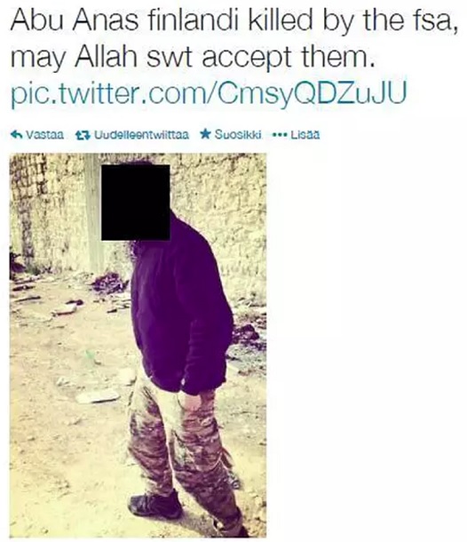Abu Anas al-Finlandin kuolemasta ilmoitettiin Isisiin linkittyvällä Twitter-tilillä helmikuussa 2014. Kuva: Poliisi