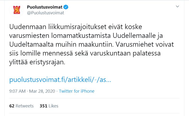 Puolustusvoimat on Twitter   Uudenmaan liikkumisrajoitukset eivät koske varusmiesten lomamatkustamista Uudellemaalle ja Uudeltamaalta muihin maakuntiin. Varusmiehet voivat siis lomille mennessä sekä v.jpg