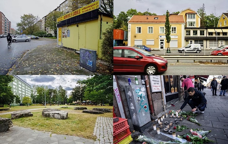 Kuvia ampumapaikoilta. Vas ylh 26.8.2019. Malmöläinen Karolin Hakim murhattiin kotinsa lähellä. Tekijää ei ole saatu kiinni. Vas alh. 13.8.2020. Mies ammuttiin lasten leikkipuiston lähellä Rinkebyssä. Oik ylh. 24.8.2020. Alle kolmekymppinen mies ammuttiin Lidingössä autoonsa, josta hänet löydettiin kuolleena tämän viikon maanantaina. Poliisi ei ole saanut tekijää kiinni. Kuva: Magnus Laupa. Oik alh Malmö, jossa kymmeniä ihmisiä on ammuttu viime vuosina. Kuva ei ole HS:n artikkelista.