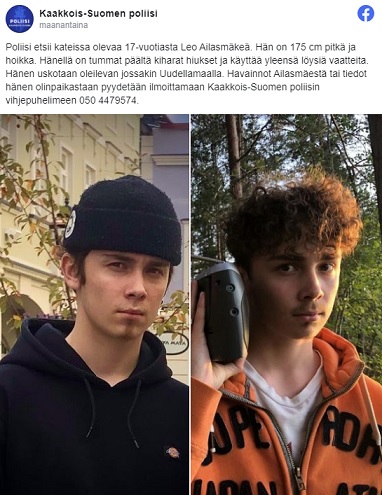 Kaakkois-Suomen poliisi etsii kateissa olevaa 17-vuotiasta Leo Ailasmäkeä, poliisi kertoo Facebook-sivuillaan.