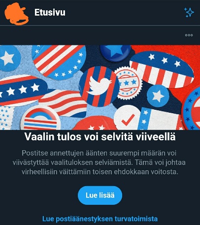 Twitter tiedottaa etusivulla jostain hämäräperäisestä postiäänestyksestä ja pelkää virheväittämiä.jpg