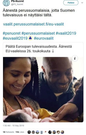 Ruutukaappaus Perussuomalaisten nuorten twitter-tilistä.­