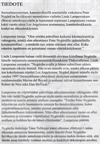Nygård hyväksyi anteeksipyynnön. Kuvakaappaus uutisen videolta.