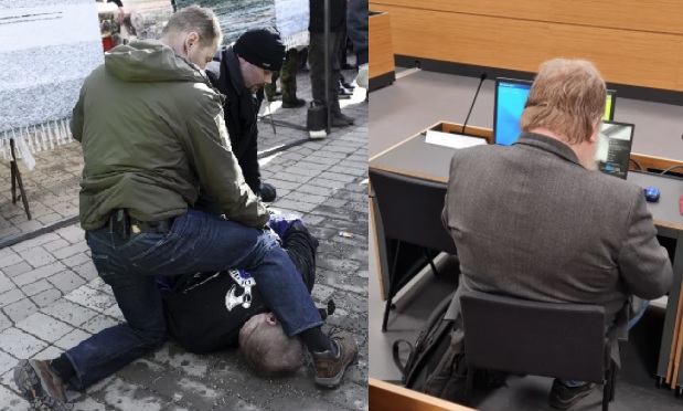 Vasen kuva: <br />Turvamiehet puuttuivat tilanteeseen, kun keski-ikäinen mies yritti lyödä Timo Soinia.Heikki Saukkomaa / Lehtikuva. Oikpuol kuva Syytetty oikeudessa. Kuvassa näkyvistä papereista on peitetty tekstejä vastaajan yksityisyyden suojaamiseksi. Kuva Tuomas Rimpiläinen