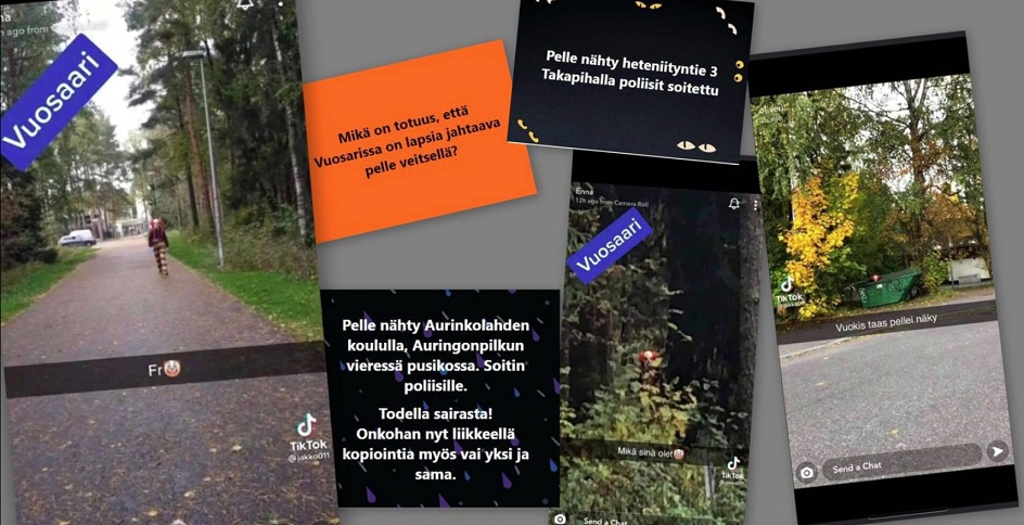 Vuosaarea käsittelevissä Facebook-ryhmissä ja videopalvelu Tiktokissa on käyty vilkasta keskustelua pellehavainnoista. Moni kertoo soittaneensa heti poliisille hahmon nähtyään. KUVA: KUVANKAAPPAUS TIKTOK &amp; FACEBOOK