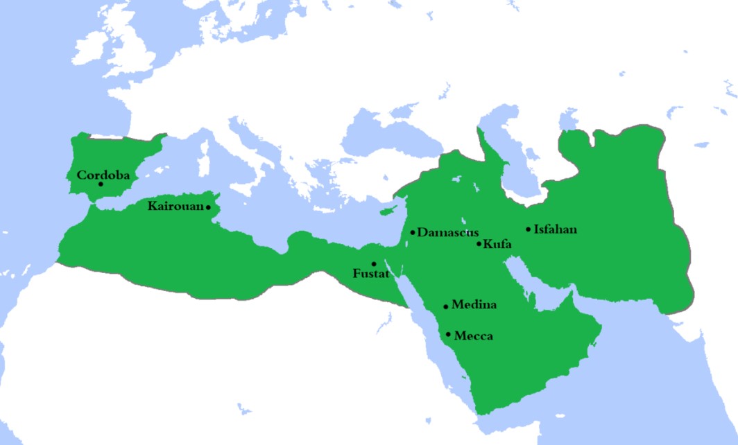 Arabien valtakunta oli laajimmillaan vuonna 750 jaa. Se ulottui mm. nykyisen Espanjan ja Portugalin alueille.jpg
