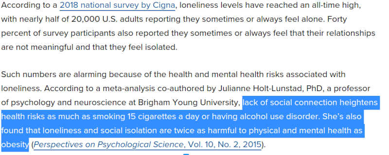 Sosiaalisten kontaktien puute ja yksinäisyys arvioitiin lisäävän terveysriskejä samoin kuin jos he polttaisivat 15 tupakkaa päivässä tai olisivat alkoholisteja.jpg