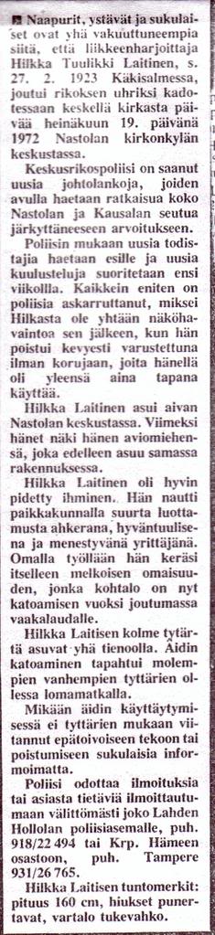 Iltaset-lehden uutinen katoamisesta. Vuosi 1972?