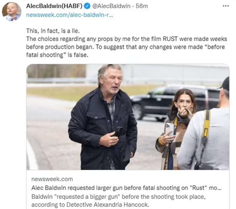Alec Baldwin viesti lehtijutun valehtelevan siitä, että AB olisi vaatinut isompaa tykkiä pari pvää ennen itse henkirikosta.jpg