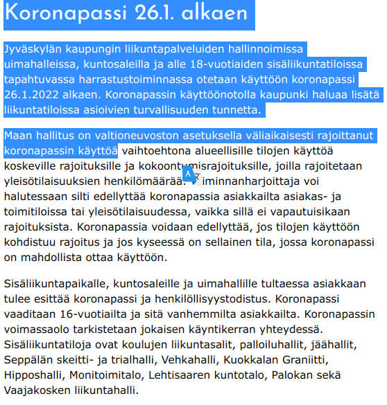 KORONAPASSI on mm. Jyväskylän liikuntatoimessa käytössä arvaatteko miksi - LUOMASSA TURVALLISUUDENTUNTUA.jpg