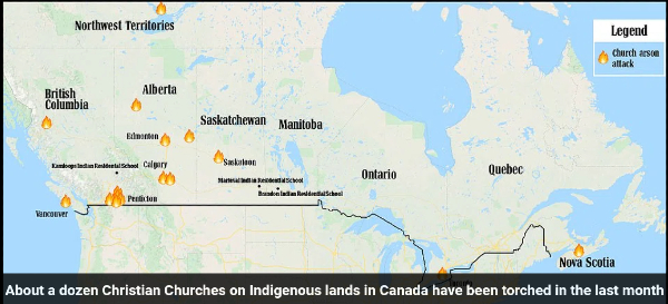 Koulukodeissa kuolleiden lasten jäännösten löytymisen jälkeen Kanadan kirkkoihin kohdistui tuhopolttojen sarja.jpg