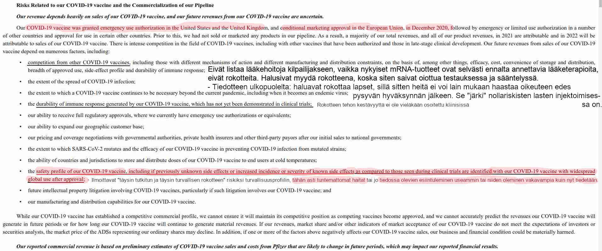 pfizer-biontech sijoittajatiedote, rokotehaittojen esiintulo kerrotaan riskinä koko yhtiön kannattavuuteen.jpg