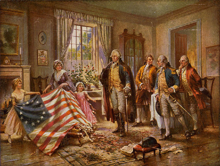 The Birth Of Old Glory on amerikkalainen maalaus 1900-luvun alkupuolelta. Kuvan keskellä seisova mies on Yhdysvaltain ensimmäinen presidentti George Washington jonka vapaamuurarius on kiistaton asia.jpg