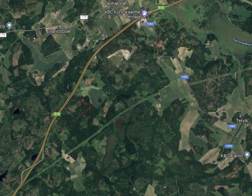 Googlemaps. Auton palopaikka ympyröity.
