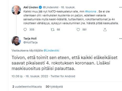 Ministeri_Aki_Linden_ja_entinen_valviralainen_Tarja_Holi_keskustelevat_twitterissä_koronasta.JPG