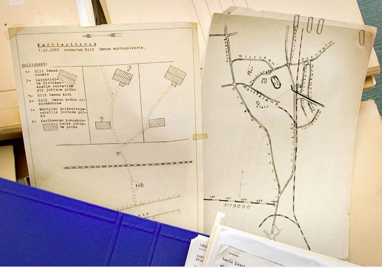 KRP:n arkistoissa on tuhansia sivuja tutkintamateriaalia kemiläisen Elli Immon murhasta. Kuvassa on karttapiirrokset murhapaikasta.<br />KUVA: MARIA ISONIKKILÄ