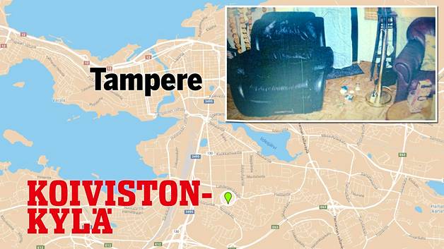 Mies sulki poistumistien Tampereen Koivistonkylässä sijaitsevasta asunnosta nojatuolilla. (KUVA: Google Maps, Poliisin esitutkintamateriaali)