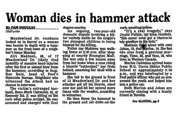 Uutinen Brampton Guardian -lehdessä 1992