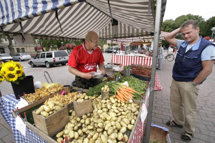 Kateissa oleva sipoolainen torikauppias Seppo Tirkkonen myi Porvoon torilla perunoita, muita juureksia marjoja ja sieniä. Kuva on vuodelta 2007. Juha Perämäki