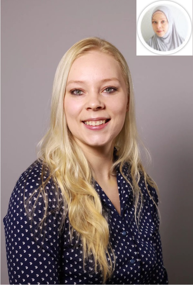 Ylen toimittaja&SPR-vapaaehtoinen Iita Pirttikoski vuonna 2015, ylänurkassa hänen tuore kuvansa eli Iita rikastettuna muslimina - muokkasi OAK.jpg