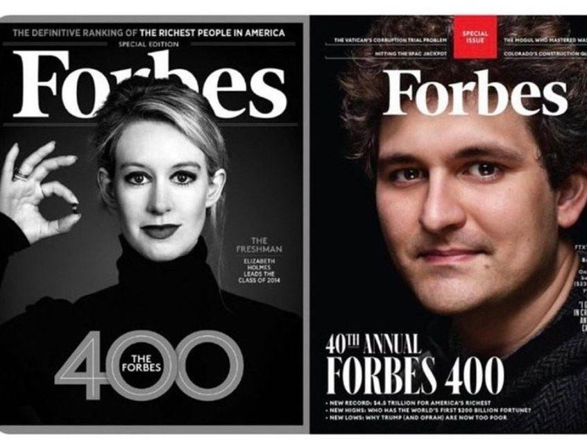 Esimerkkina Forbes ja sen markkinoimat jattihuijarit Elizabeth Holmes ja Sam Bankman-Fried.jpg