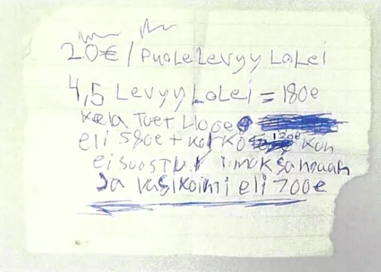 Timo Heinon putkikassista takavarikoitu velkalista. KUVA: POLIISI