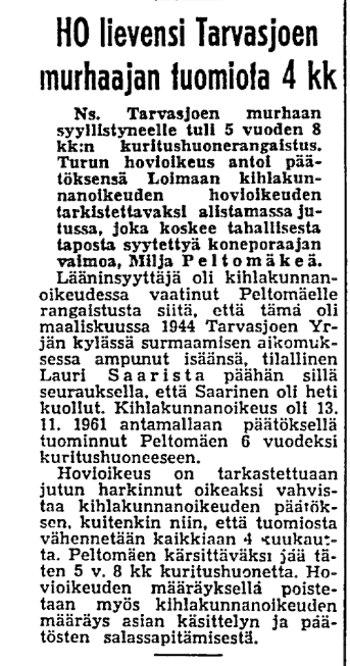 HS 13.02.1962 Lauri Saarinen Tarvasjoki 1944 Milja Peltomäki hovin tuomio.jpg