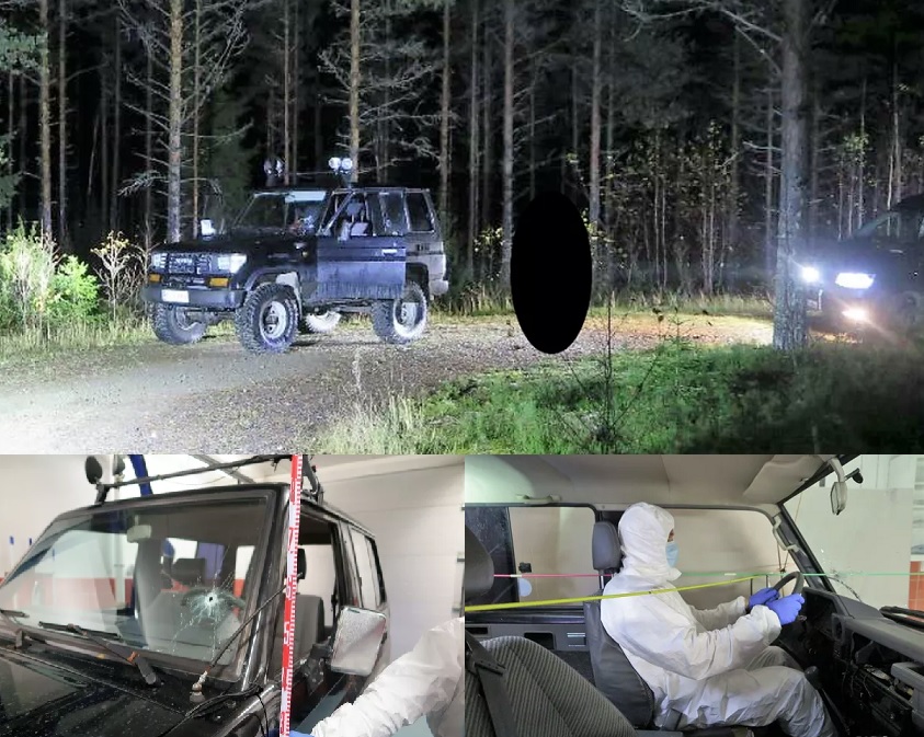 Ylin kuva: Uhri jätti läpiammutun maastoautonsa metsätien päähän ja juoksi kiväärimiestä karkuun rämeiseen metsään. <br />Vasen alempi kuva: Metsästyskiväärin luodin reikä tuulilasissa. <br />Oikea alempi kuva: Poliisin rekonstruktiokuva näyttää luotien kulun sisällä autossa. <br />Kaikki kuvat Poliisin esitutkinnasta.