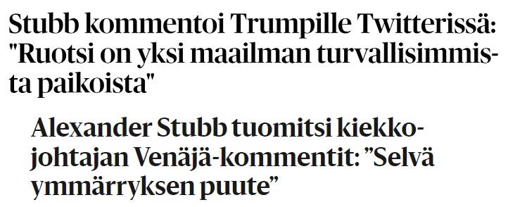 Ylempi otsikko Kaleva 19.2.2017 ja alempi Helsingin Sanomat 31.1.2023.