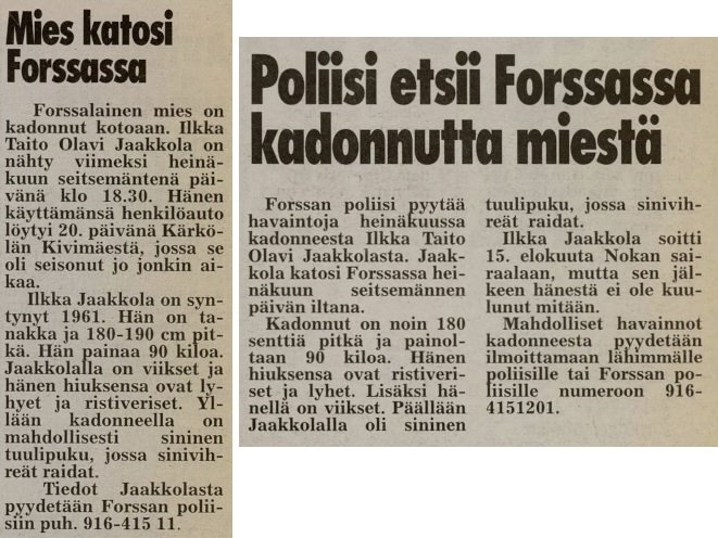 Vas.puoleinen Iltalehti 25.7.1995 ja oik. puoleinen Iltalehti 5.9.1995.