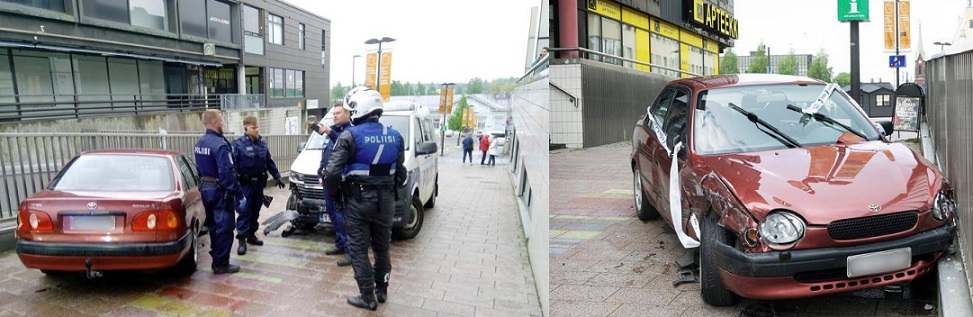 Hurja takaa-ajo päättyi, kun tuomittu törmäsi poliisiautoon Mikkelin keskustassa. Kuvat Anssi Mehtälä ja Taru Hokkanen.