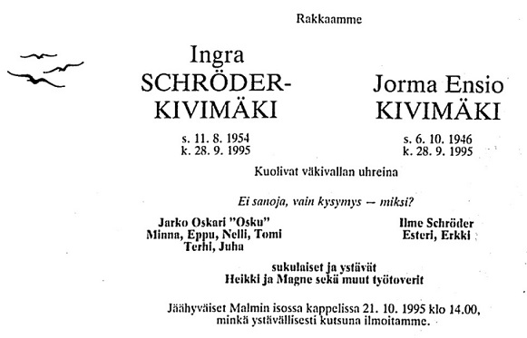 Uhrien kuolinilmoitus HS 14.10.1995