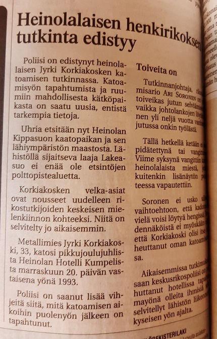 Uutinen jostain lehdestä huhtikuulta 1998.