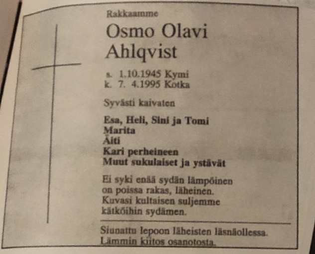 Kuolinilmoitus. Lähde: "omat kuva-arkistot"