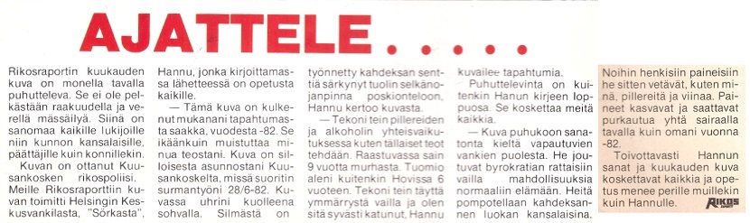 Kuusaalla surmannut tilittää. Teksti: Rikosraportti 4/1986.