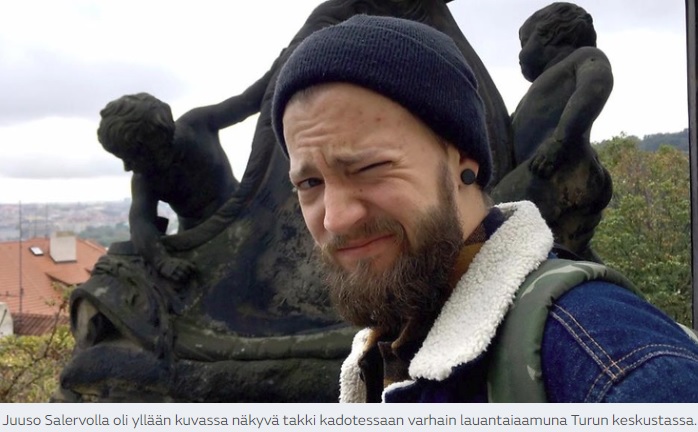Juuso Salervolla oli yllään kuvassa näkyvä takki kadotessaan varhain lauantaiaamuna Turun keskustassa.