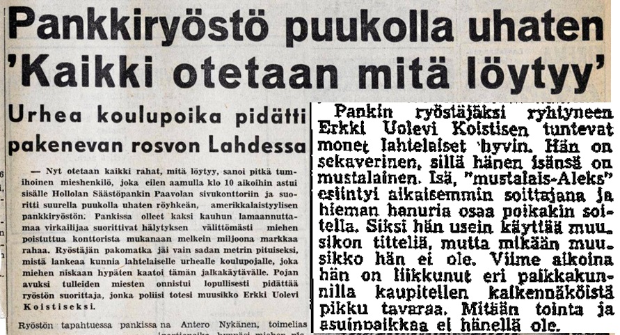 Vasemmalla Etelä-Suomen Sanomat 8.8.1961 ja pienempi uutinen Helsingin Sanomat 8.8.1961.