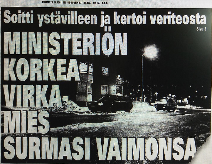 Iltapäivälehdet uutisovat Maunulan henkirikoksen näyttävästi. Tässä Iltalehden etusivu 28.11.2001.