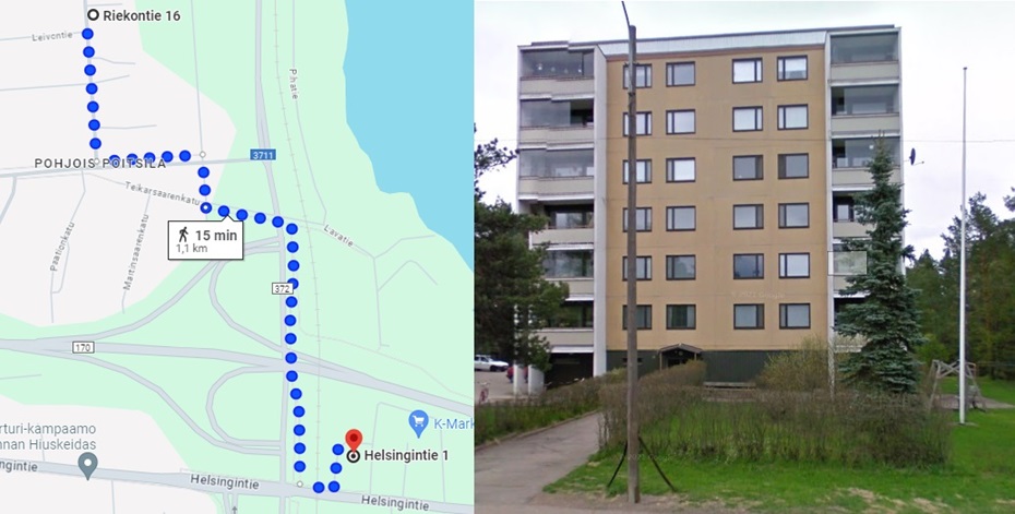 Kartta ja kuva googlemaps. Kuva vuodelta 2009. Uhrin asunnon parveke on kuvan puolella, mutta ei kuitenkaan ylin kerros.