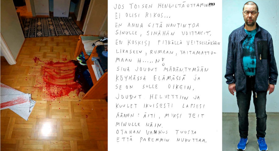 Vas: eteiskäytävä, kesk: kirje naisuhrille, oik. Makkonen kuvattuna teon jälkeen.