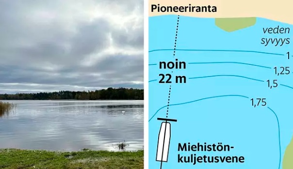 Dragsvikin onnettomuuteen johtaneessa harjoituksessa maihinnousu tapahtui kohdassa, joka on merkitty valkoisella kanisterilla. KUVA: ONNETTOMUUSTUTKINTAKESKUS &amp; HS