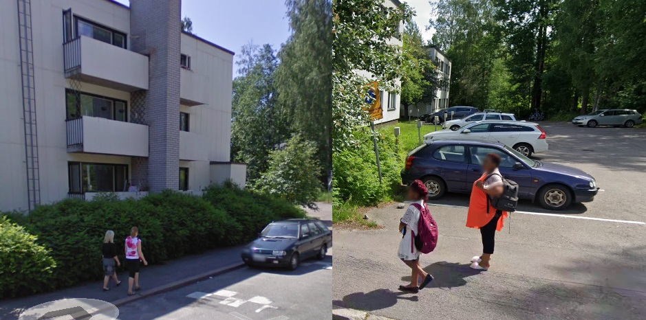 Sama talo. Vasen kuva street view 2009, oik.puol.kuva street view 2022. Kuvien henkilöt eivät todennäköisesti liity tapaukseen.