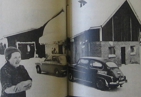 Rouva Uutela uskoi vakaasti, että miehensä oli tehnyt itsemurhan. Fiat 600 taustalla mainostaa Nortti-tupakkaa. Tämäkin sana on vuosien saatossa muuntunut sanaksi Nörtti. Kuva Alibi 7/1987