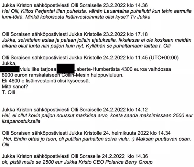 Jukka Kriston ja Olli Soraisen viestinvaihtoa poliisin esitutkinnasta. He keskustelevat toisen viulun hankkimisesta. Kuva: Poliisin esitutkintamateriaali