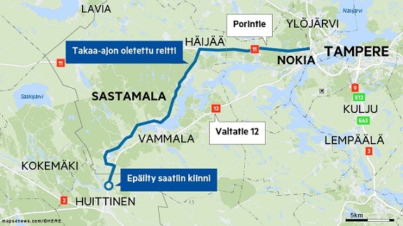 Näin takaa-ajoreitin arvellaan menneen. Ajoneuvo oli ajoittain kadoksissa polisiilta takaa-ajon aikana.